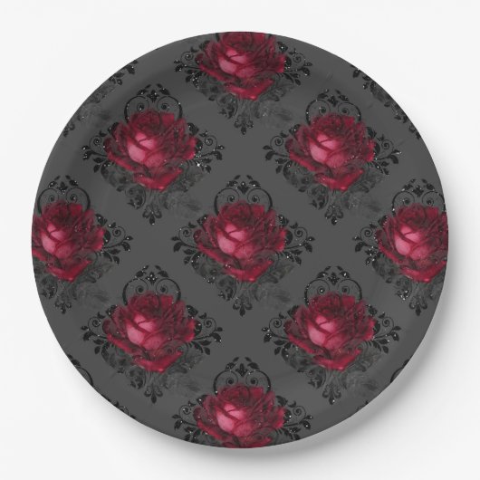 Burgund Rose Elegantes Gotisches Muster | Hallowee Pappteller (Vorderseite)