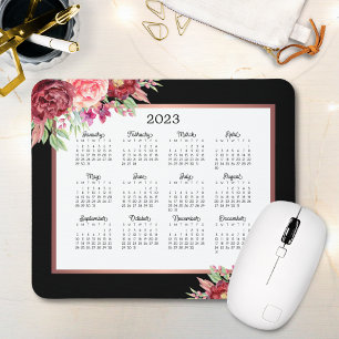 Burgund Rose Floral Black 2023 Kalender Mousepad