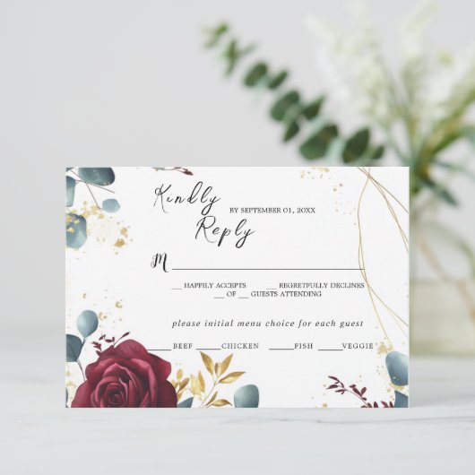 Burgund Rose Frühjahr Sommer-Hochzeitskarte RSVP Karte (Stehend Vorderseite)