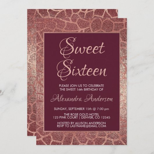 Burgund Rose Gold 16 . Geburtstag Geburtstag Einladung (Vorne/Hinten)