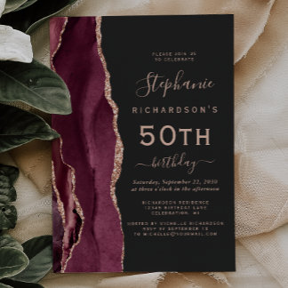 Burgund Rose Gold Agate Dark 50. Geburtstag Einladung