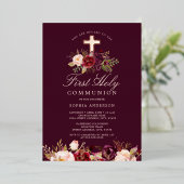 Burgund Rose Gold Cross Girls Erste Kommune Folieneinladung (Stehend vorne)