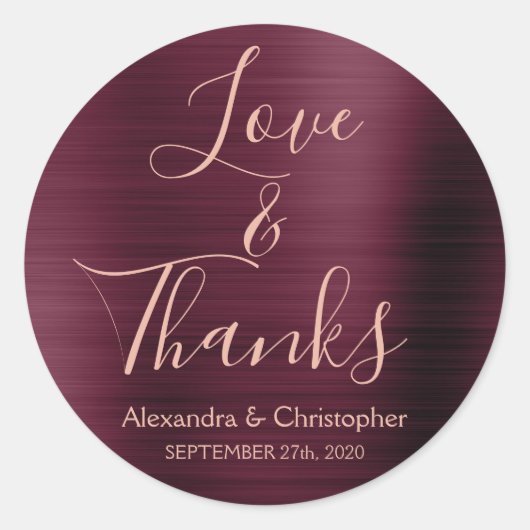 Burgund Rose Gold Foil Liebe & Danke Runder Aufkleber (Vorderseite)