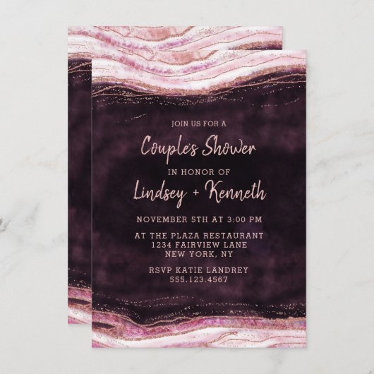 Burgund & Rose Gold Geode Coupels Polterabend Einladung (Vorne/Hinten)