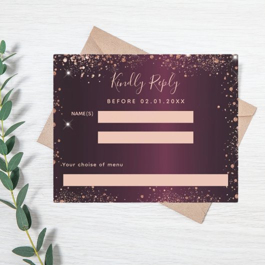 Burgund Rose Gold Glitzer Menü RSVP Karte