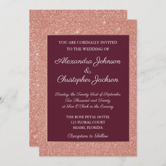 Burgund & Rose Gold Glitzer und Sparkle Wedding Einladung (Vorne/Hinten)