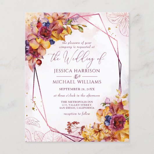 Burgund Rose Gold Hochzeit im Herbst Einladung Fly Flyer (Vorne)