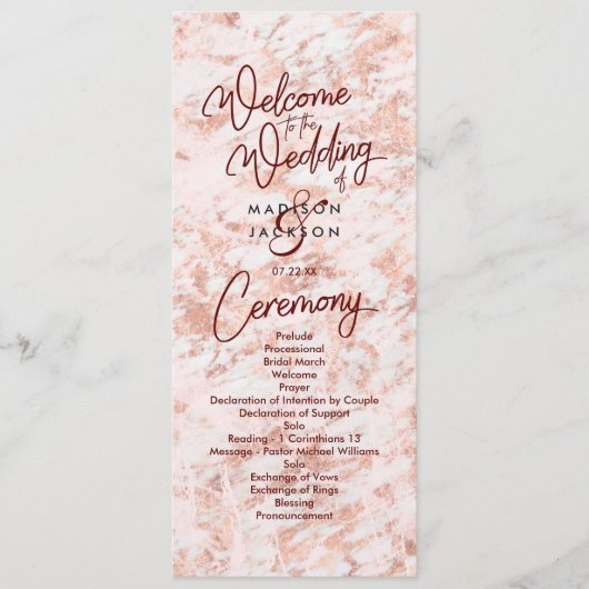Burgund & Rose Gold Marbled Wedding Program Programm (Vorderseite)