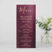 Burgund Rose Gold Modernes und elegantes Hochzeits Menükarte (Stehend Vorderseite)