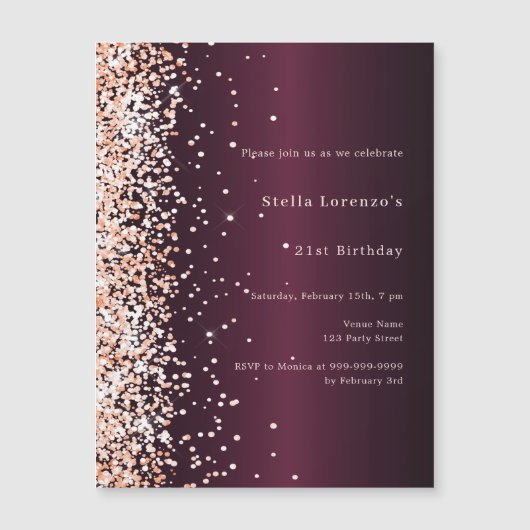 Burgund Rose Gold Prämie Geburtstag Magneteinladung (Vorderseite)