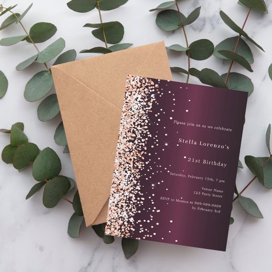 Burgund Rose Gold Prämie Geburtstag Magneteinladung