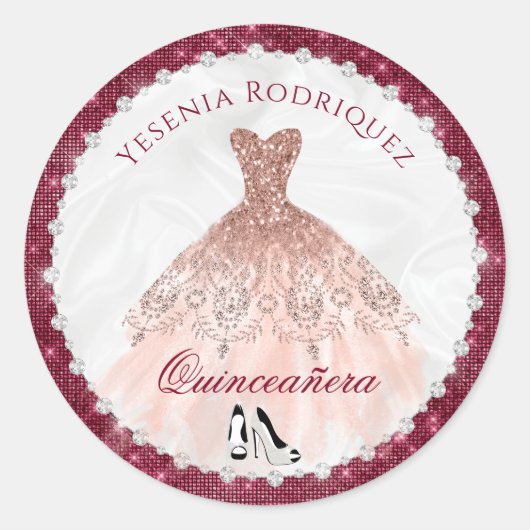 Burgund Rose Gold Sparkle Glam Quinceañera Runder Aufkleber (Vorderseite)