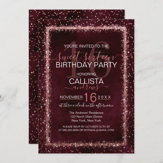 Burgund Rose Gold Sprinkled Confetti Sweet 16 Einladung (Vorne/Hinten)