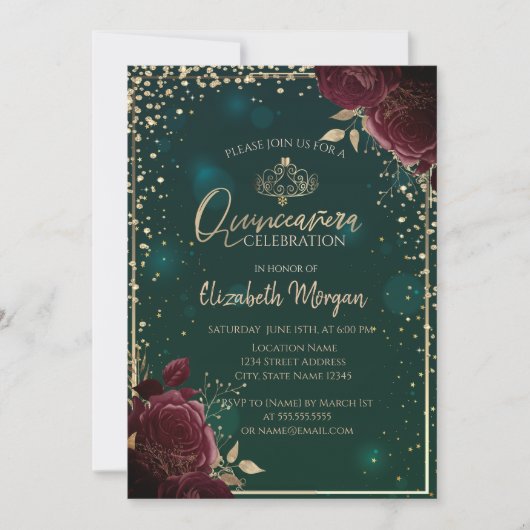Burgund-Rose, Gold Tiara, Diamanten Quinceañera Einladung (Vorderseite)