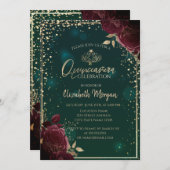 Burgund-Rose, Gold Tiara, Diamanten Quinceañera Einladung (Vorne/Hinten)