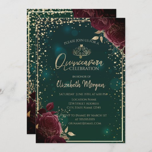 Burgund-Rose, Gold Tiara, Diamanten Quinceañera Einladung (Vorne/Hinten)