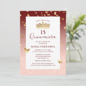 Burgund Rose Goldene Krone Einladung (Stehend Vorderseite)