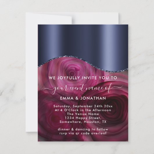 Burgund Rose Grenze QR Code Marsala Blue Navy (Vorderseite)