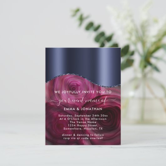 Burgund Rose Grenze QR Code Marsala Blue Navy (Stehend Vorderseite)