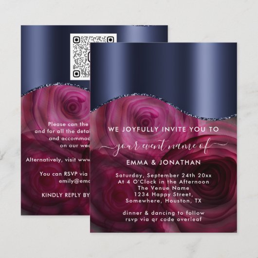 Burgund Rose Grenze QR Code Marsala Blue Navy (Vorne/Hinten)