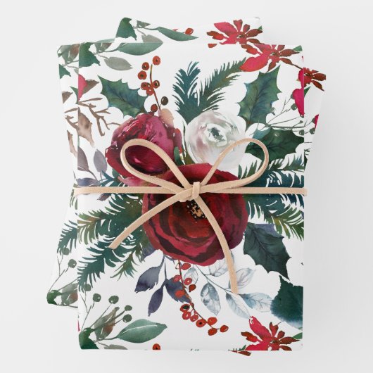 Burgund-Rose, Kiefer, Heilige Weihnachtsblume Geschenkpapier Set (Beispiel)