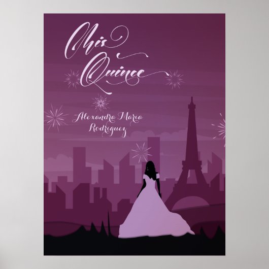 Burgund Rose Paris Feuerwerke Quinceañera Poster (Vorne)