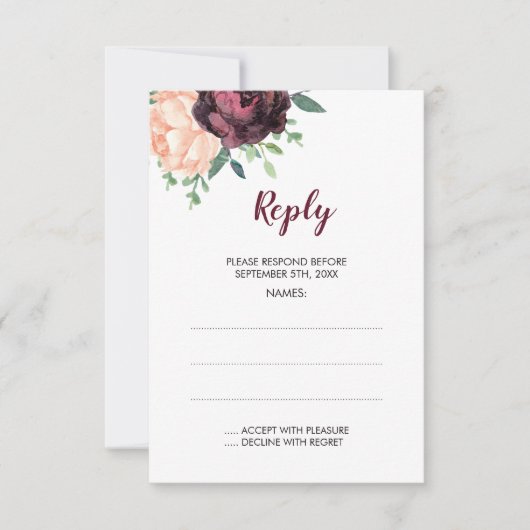 Burgund Rose Peach Peony Wedding Repair Cards RSVP Karte (Vorderseite)
