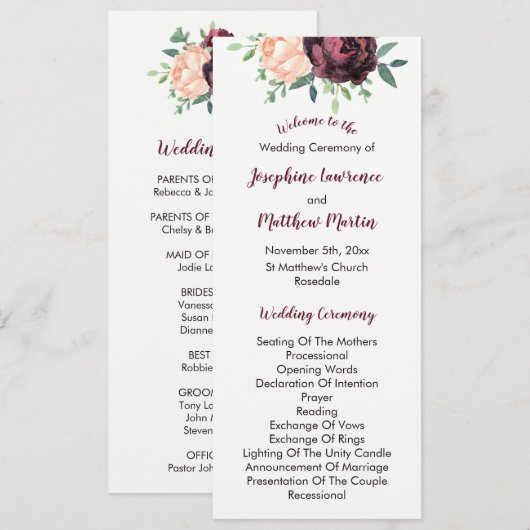 Burgund Rose Peach Peony Weddings Programme (Vorne/Hinten)