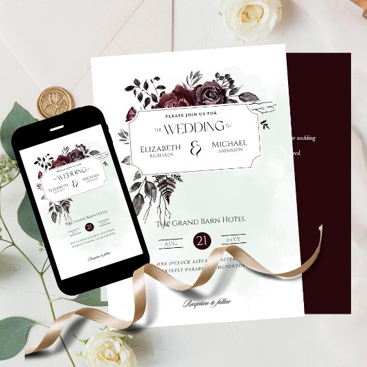 Burgund Rose Print oder digitale Hochzeitseinladun Einladung