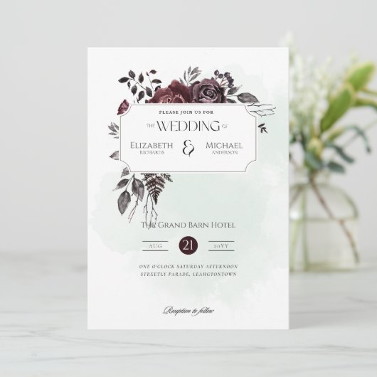 Burgund Rose Print oder digitale Hochzeitseinladun Einladung (Stehend Vorderseite)