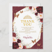 Burgund Rose Quinceañera Butterfly Danke Karte (Vorderseite)