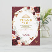 Burgund Rose Quinceañera Butterfly Danke Karte (Stehend Vorderseite)