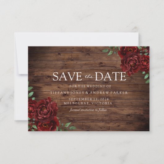 Burgund Rose Romantische Rustikale Save the Date (Vorderseite)