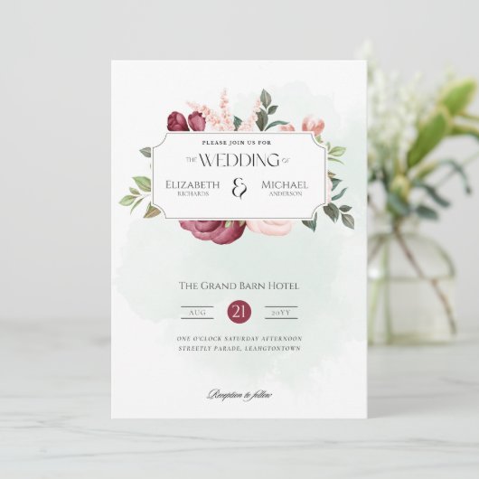 Burgund Rose Rosa Printwerbung oder digitale Hochz Einladung (Stehend Vorderseite)