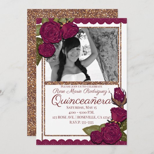 Burgund Rose Rose Gold Glitzer Quinceañera Party Einladung (Vorne/Hinten)