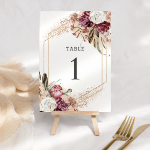 Burgund, Rosé & Roségold Eleganter Boho-Stil Tischnummer