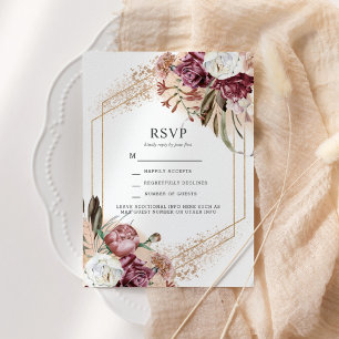 Burgund, Rosé & Roségold Elegantes Boho-RSVP Einladung