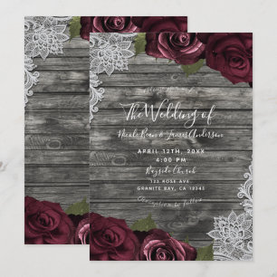Burgund Rose Rustikale Hochzeit aus grauem Holz Einladung