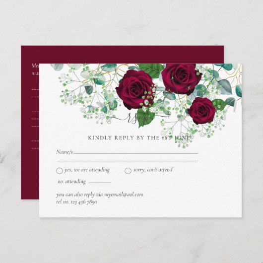 Burgund Rose Sage Eukalyptus Wedding RSVP Postkarte (Vorne/Hinten)