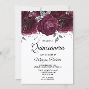 Burgund Rose Silver Floral Quinceanera Party Einladung