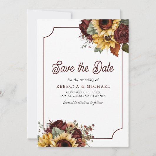 Burgund Rose Sonnenblumen Foto Hochzeit Save The Date (Vorderseite)
