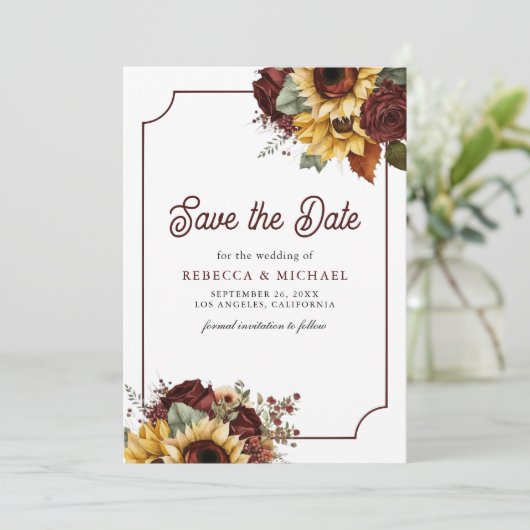 Burgund Rose Sonnenblumen Foto Hochzeit Save The Date (Stehend Vorderseite)