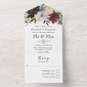 Burgund, Rosé und marineblaue Blumenhochzeit All In One Einladung