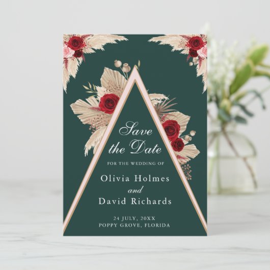 Burgund-Rose und Pampas-Gras-Save the Date-Karte Save The Date (Stehend Vorderseite)