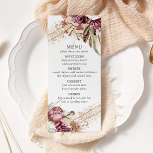 Burgund, Rosé und Roségold Elegantes Boho-Menü Werbekarte