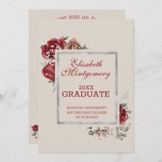 Burgund-Rose und Silver-Frame-Graduierungspartei Ankündigung (Vorne/Hinten)