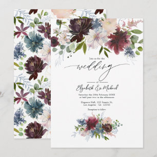 Burgund, Rosé und Staubblau Florale Hochzeit Einladung