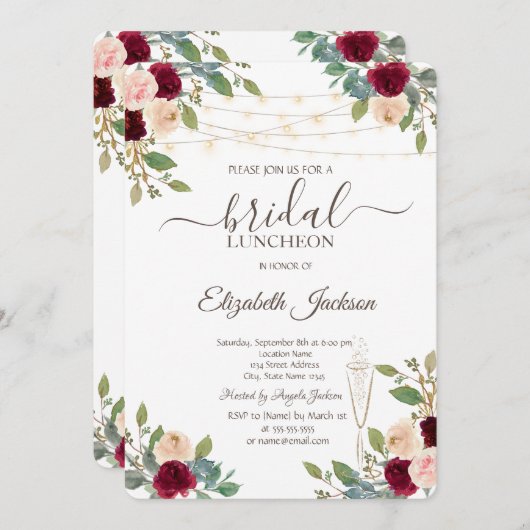 Burgund-Rose, Weinglas, Bridal Luncheon Einladung (Vorne/Hinten)