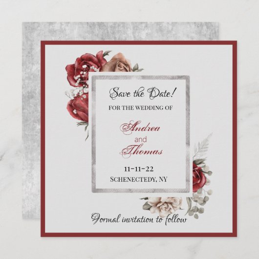 Burgund, Rose, Weiße Rosen Save the Date Einladung (Vorne/Hinten)