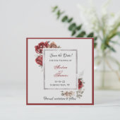 Burgund, Rose, Weiße Rosen Save the Date Einladung (Stehend Vorderseite)